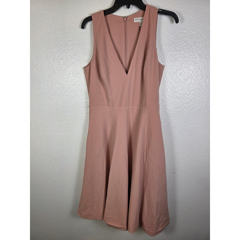 Dress the Population Pink V-Neck Fit & Flare Crepe Cocktail Dress Size L